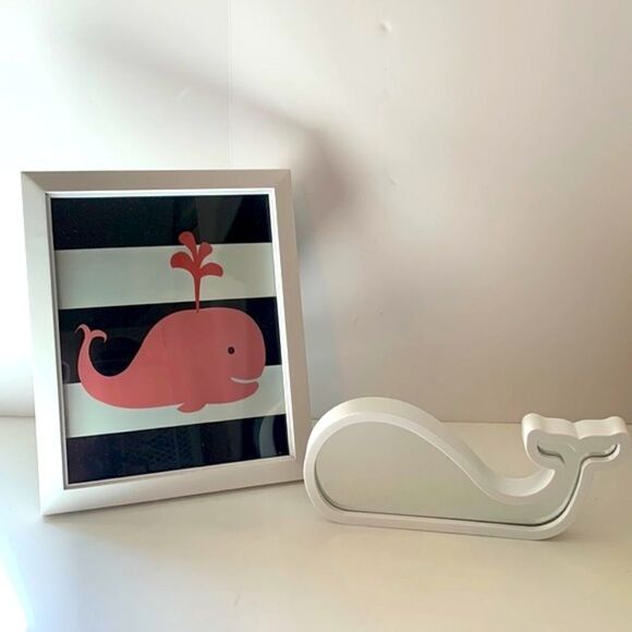 WHALE Wall Art in Navy/White & Pink with White Framed Mirror - NWOT - Picture 1 of 5